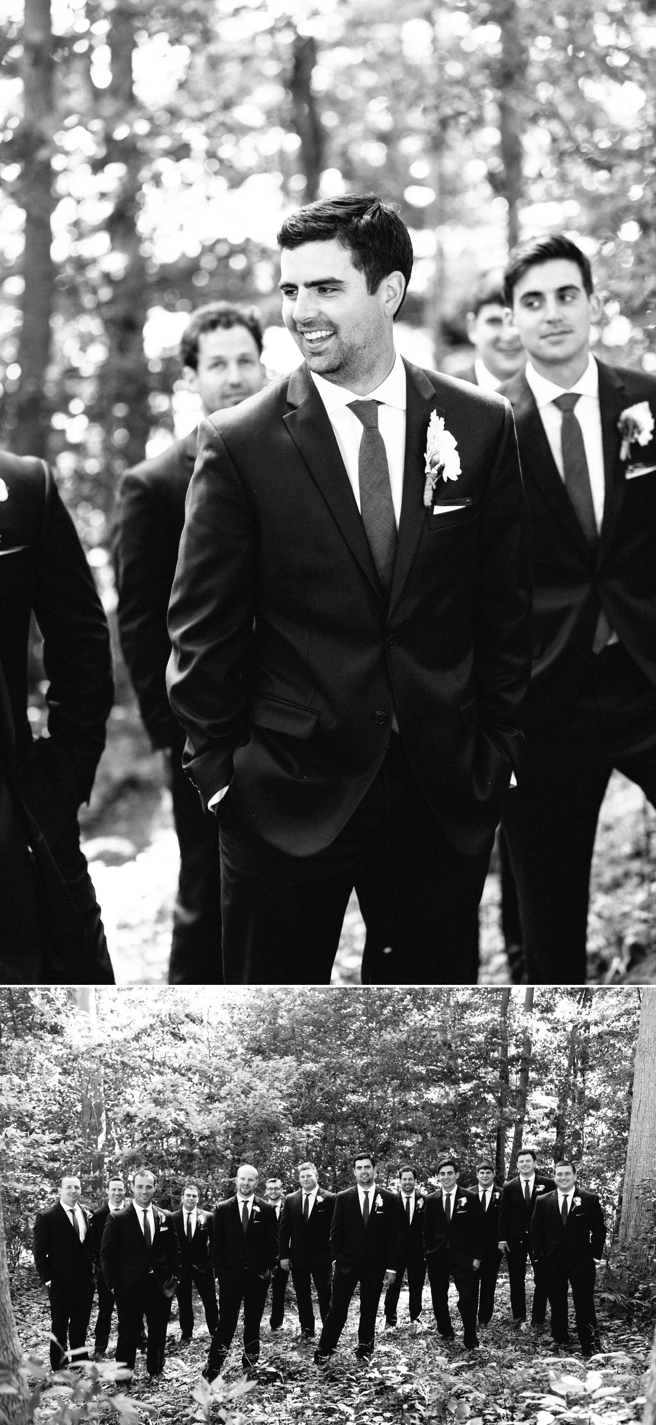 The groom walking and laughing with the groomsmen