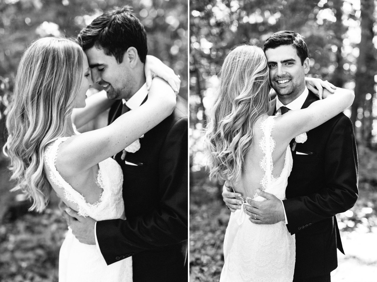 Bride and groom portraits in the woods in Frankfort, Michigan