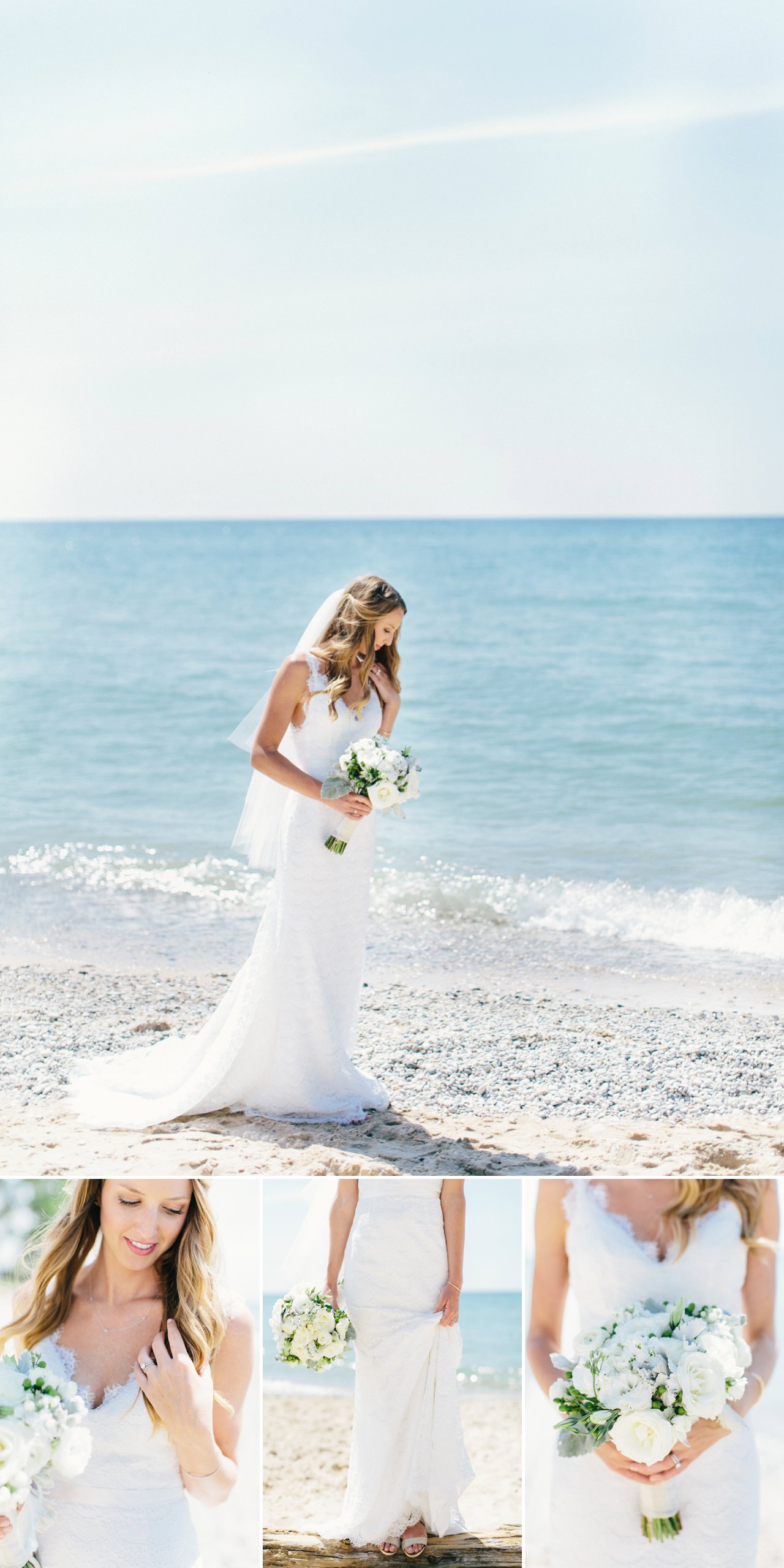 A bride along Lake Michigan in Frankfort, Michigan