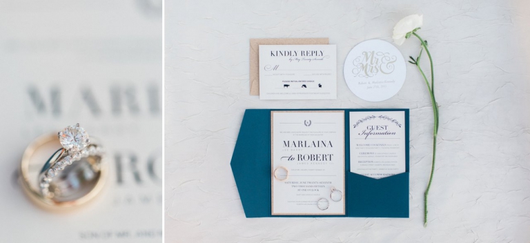 This is a photo of wedding rings and an invitation suite