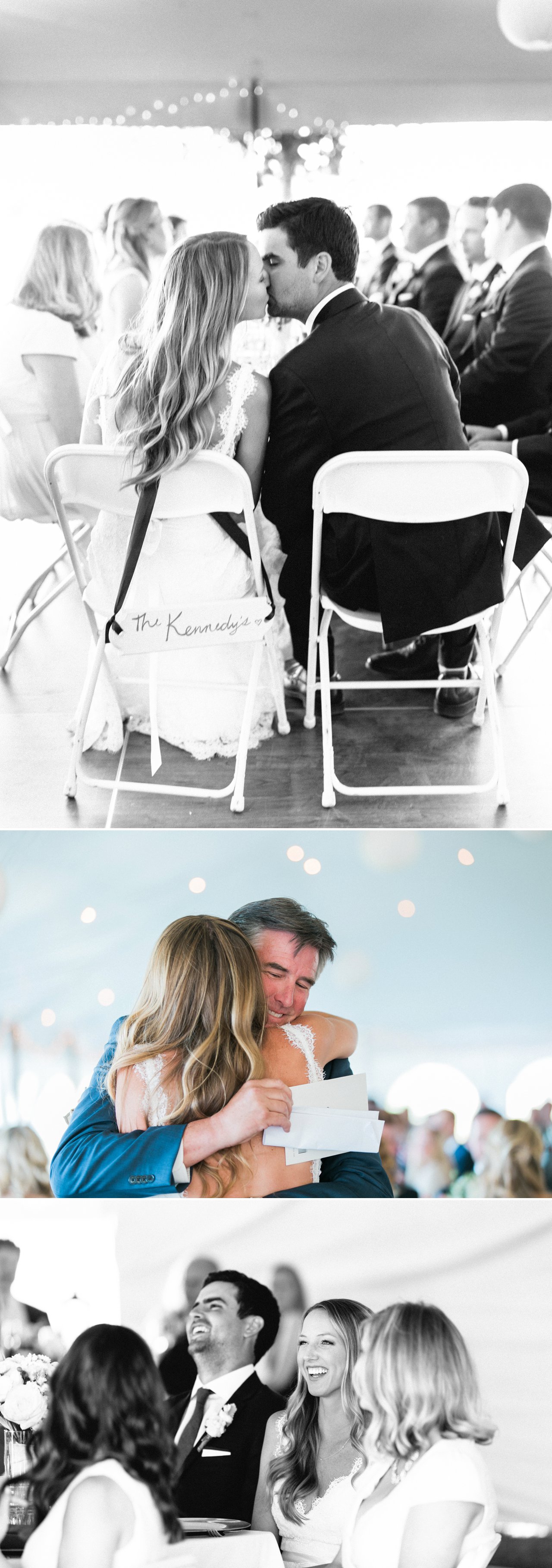 Reception guests laughing at The Elberta Life Saving Station building in Elberta, Michigan