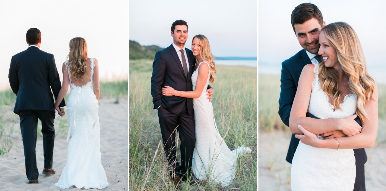 Bride & groom sunset portraits in the dune grass along the waterfront in Elberta, Michigan