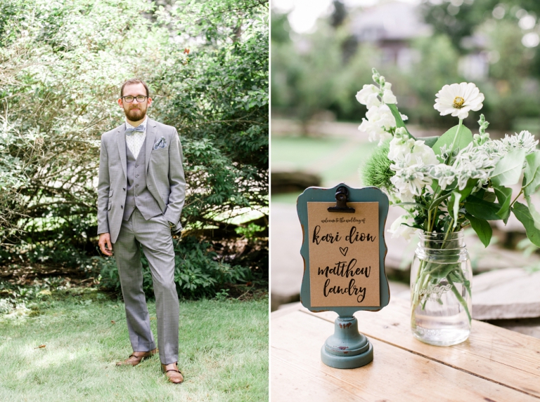 This is a portrait of a groom and a photo of wedding details. 