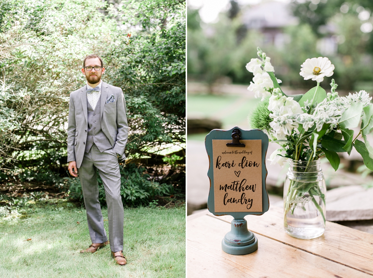 This is a portrait of a groom and a photo of wedding details. 