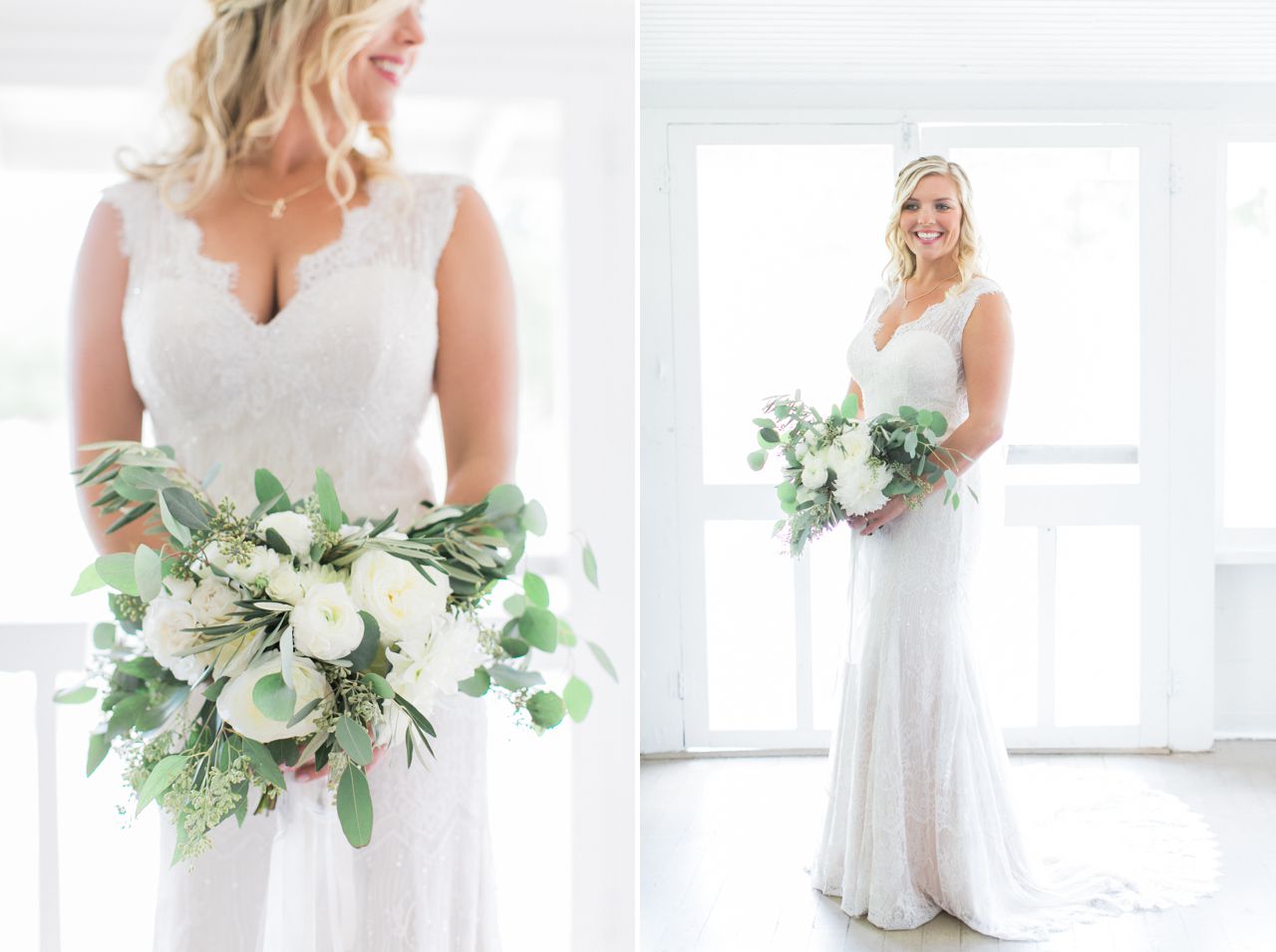 This is a portrait of a bride holding her bouquet and smiling