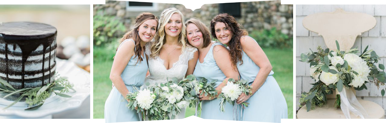 This is a photo of a bride with her bridesmaids who are wearing light blue dresses and holding white floral bouquets
