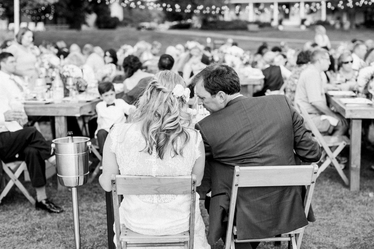 This is a photo of the backs of a bride and groom at their wedding reception at Fountain Point Resort