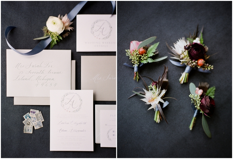 A wedding invitation suite on a black background
