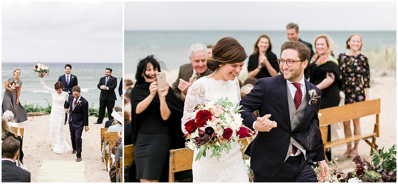 A bride and groom walking down the aisle after kissing at their wedding ceremony in Glen Arbor, Michigan