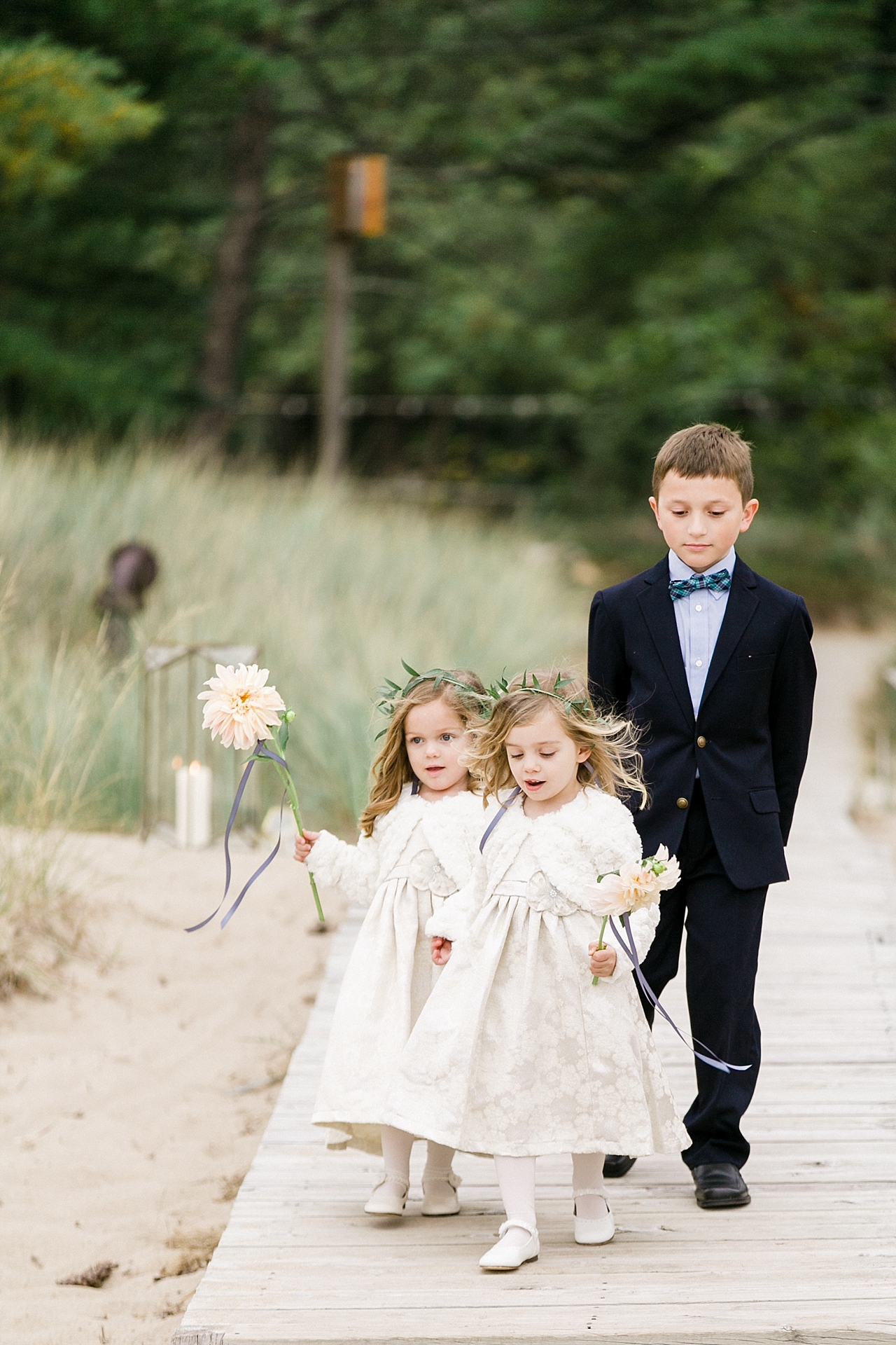 Flower girls and a ring bearer at a wedding at The Leelanau School in Glen Arbor, Michigan 