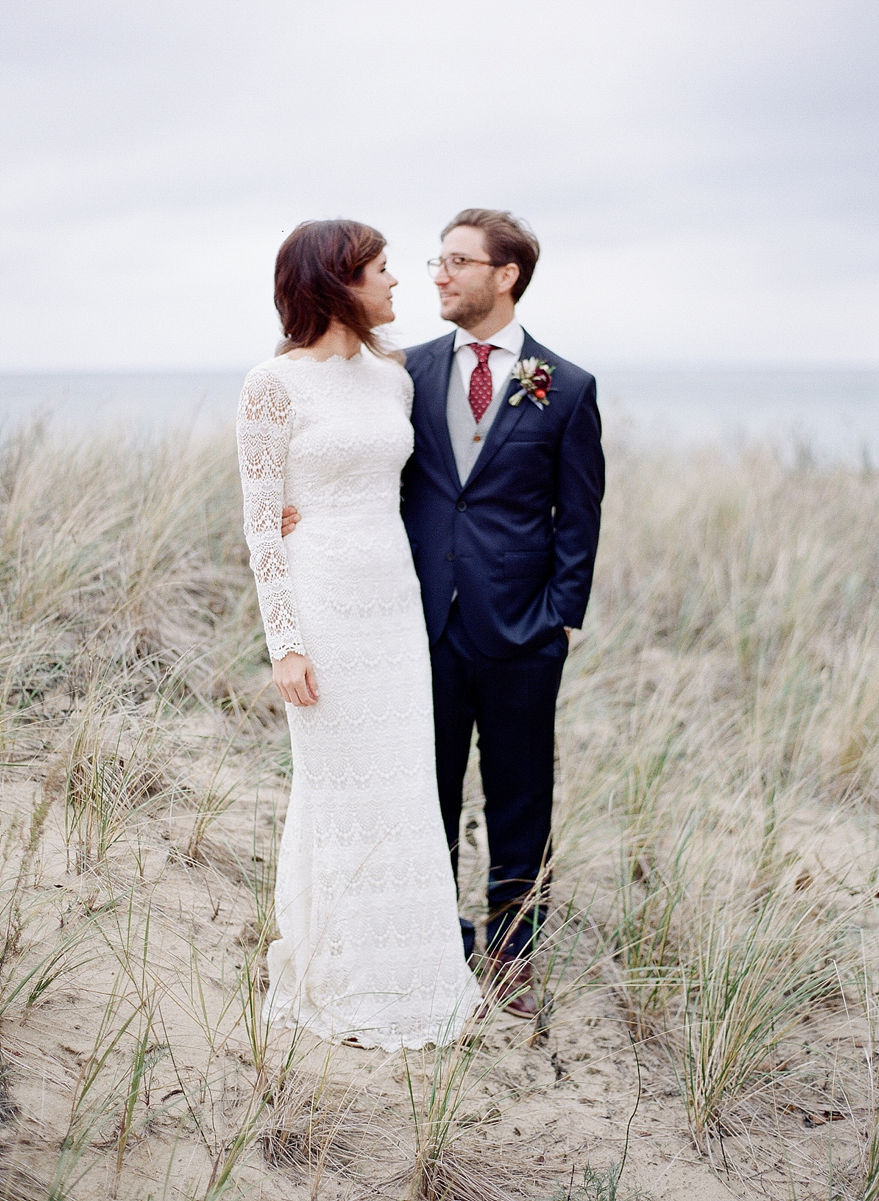 A bride and groom at sunset in Glen Arbor, Michigan