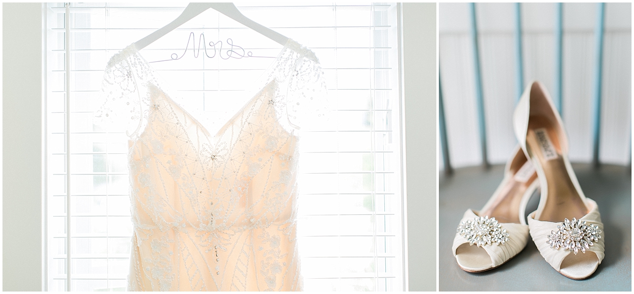 This is a photo of a off white wedding dress and wedding shoes