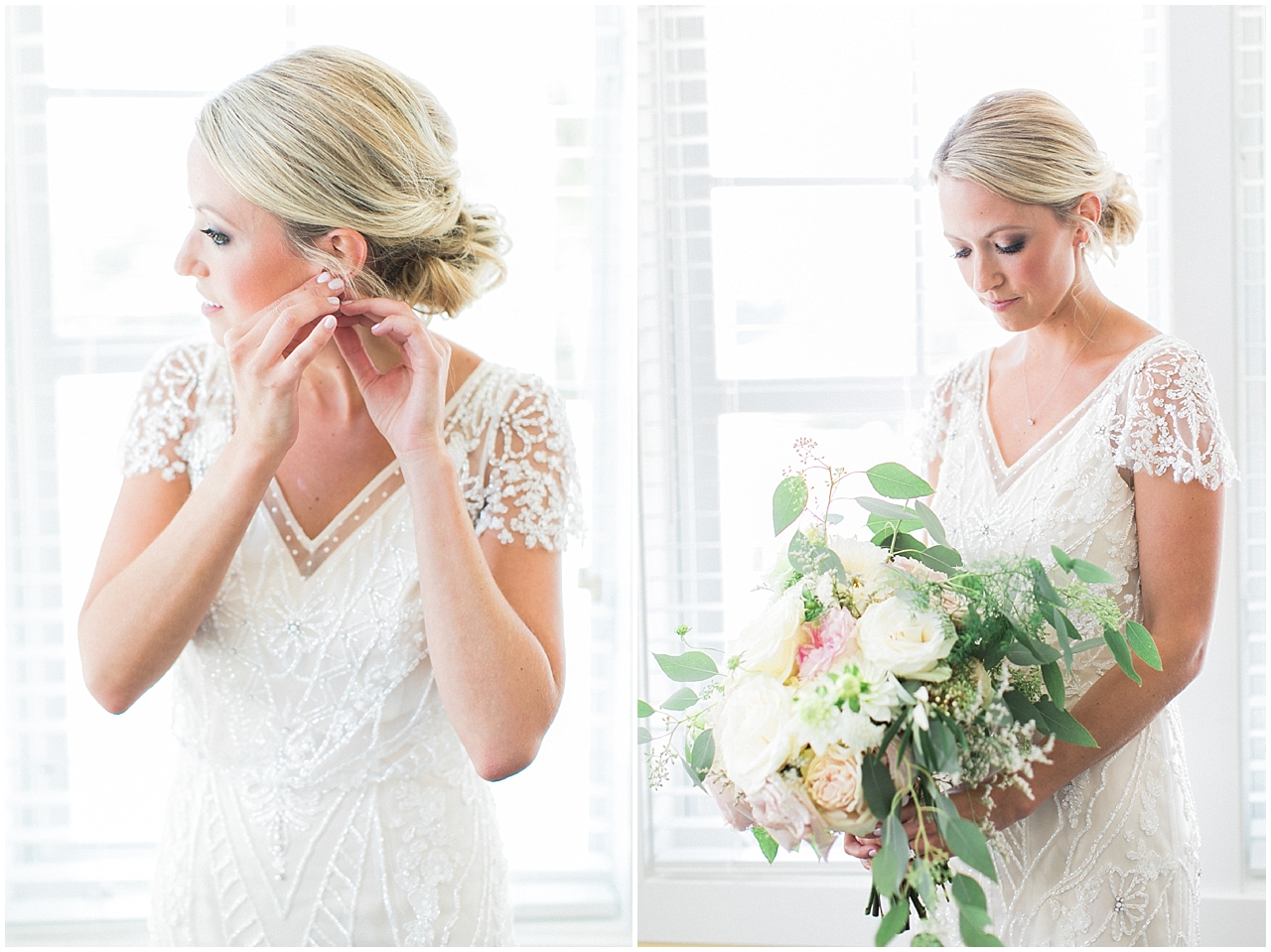 A bride putting on her earrings before getting married in Bay Harbor, Michigan