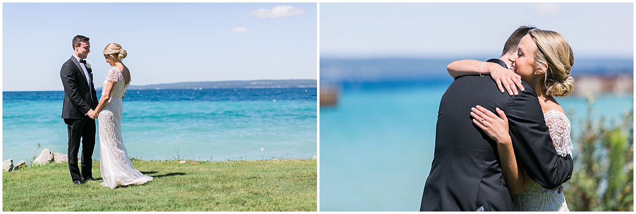 Bride and groom first look along the waterfront in Bay Harbor, Michigan