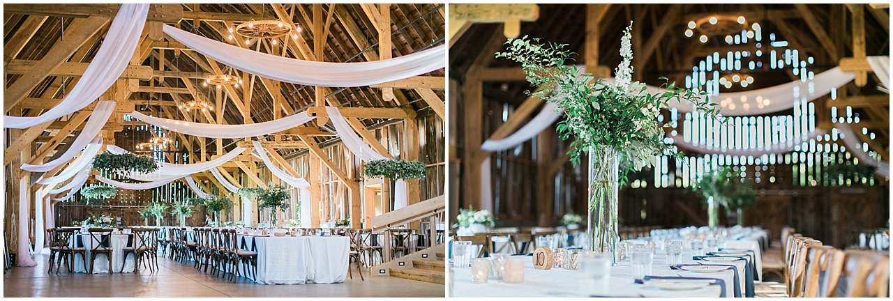 Photo of the rustic wedding reception decor inside of Shanahan's barn in Charlevoix, Michigan