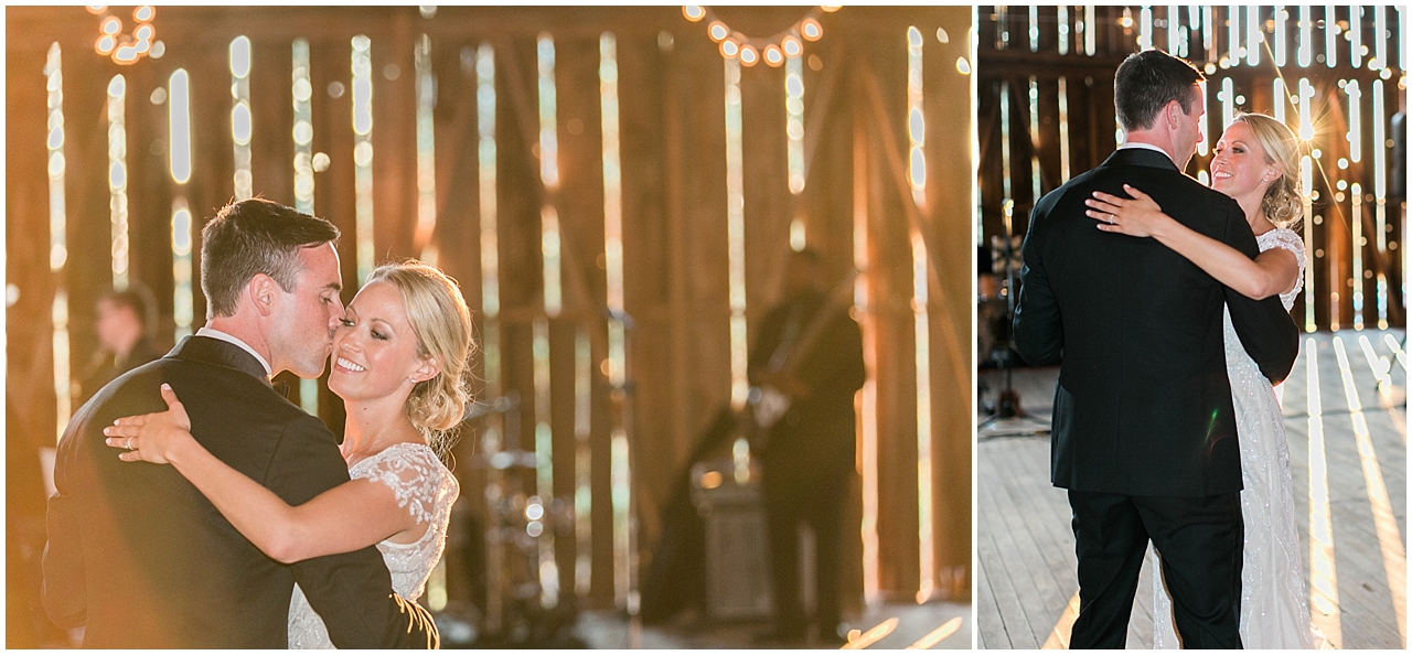 The bride and groom dancing at their wedding reception at Shanahan's barn in Charlevoix, Michigan