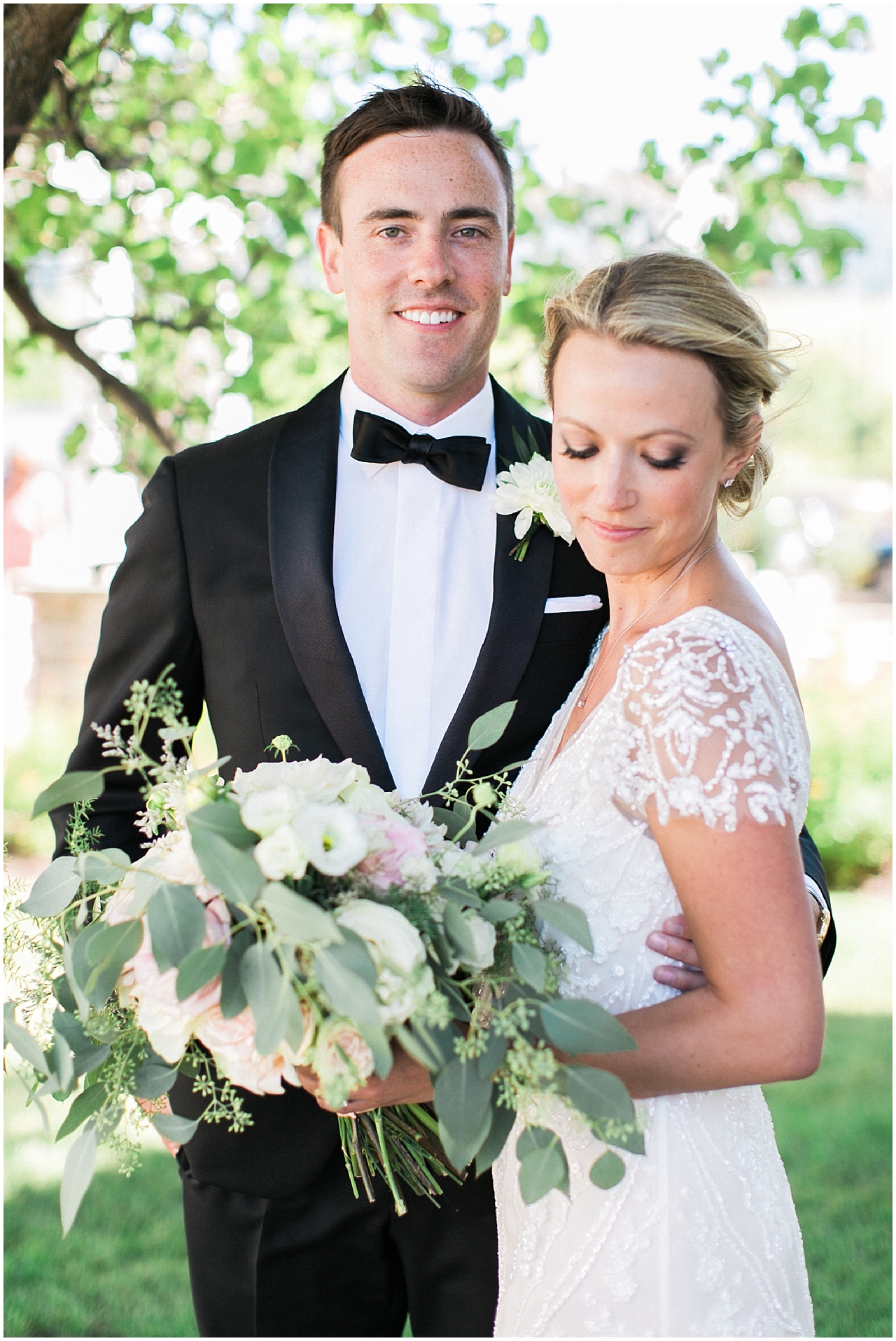 Bride and groom portrait in Bay Harbor, Michigan
