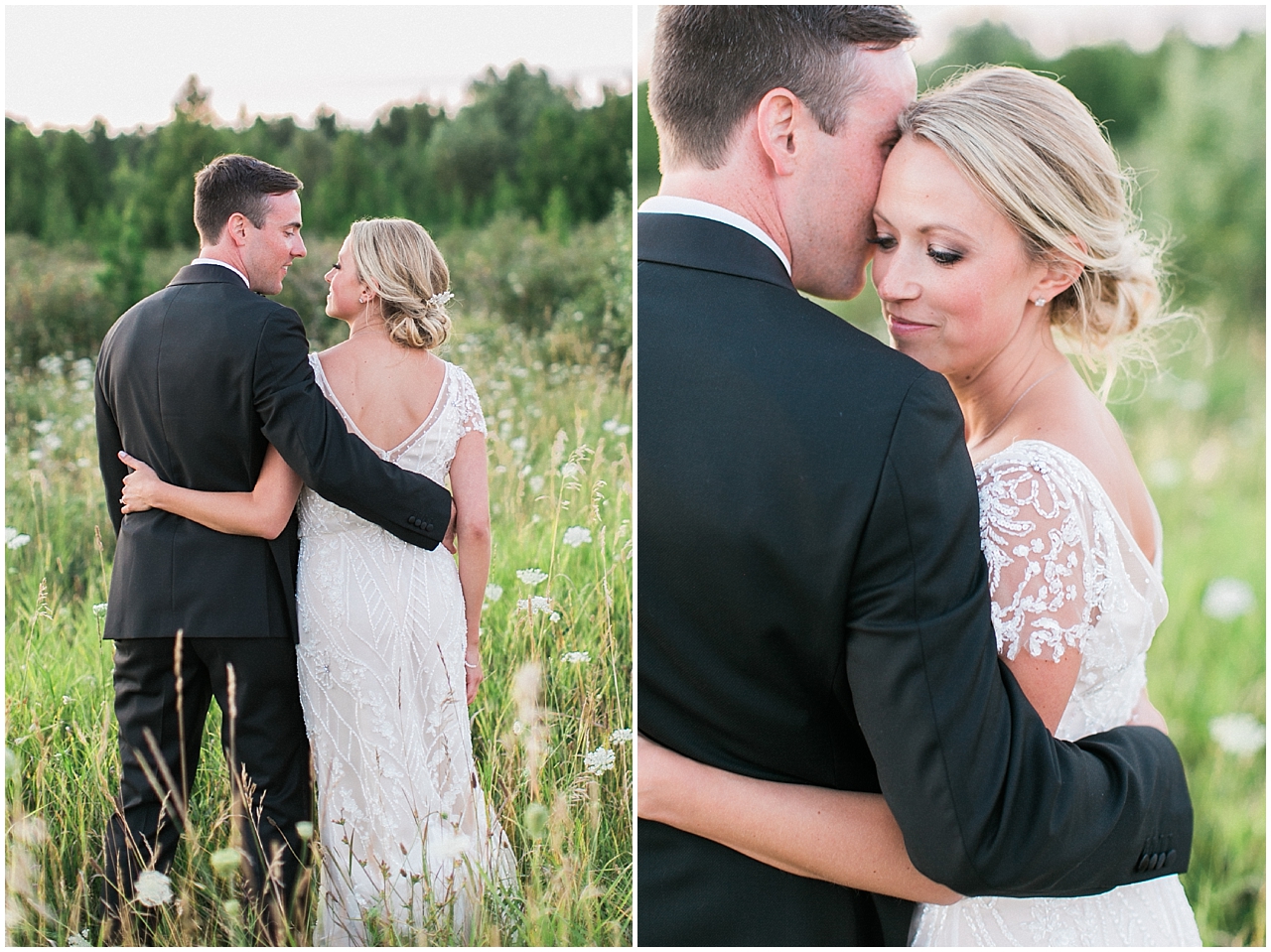 Bride and groom snuggling during sunset in a field at Shanahan's barn in Charlevoix, Michigan