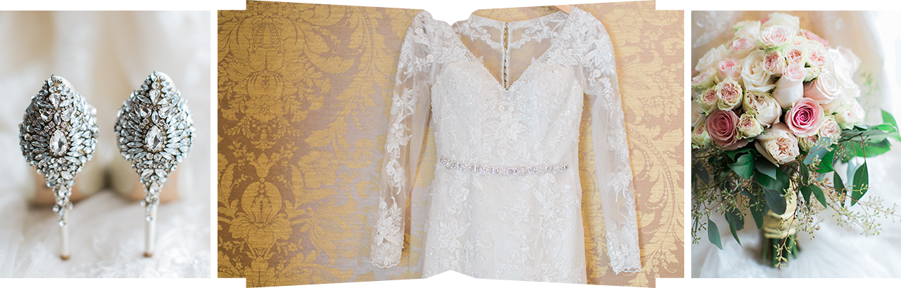 A wedding dress, shoes, and floral bouquet in Petoskey, Michigan