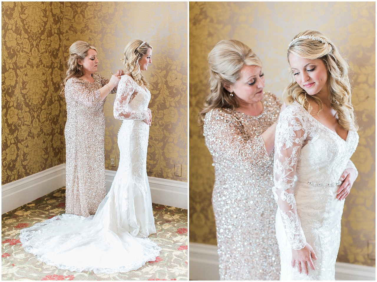 A bride putting on her wedding dress with the help of her mother at Stafford's Perry Hotel