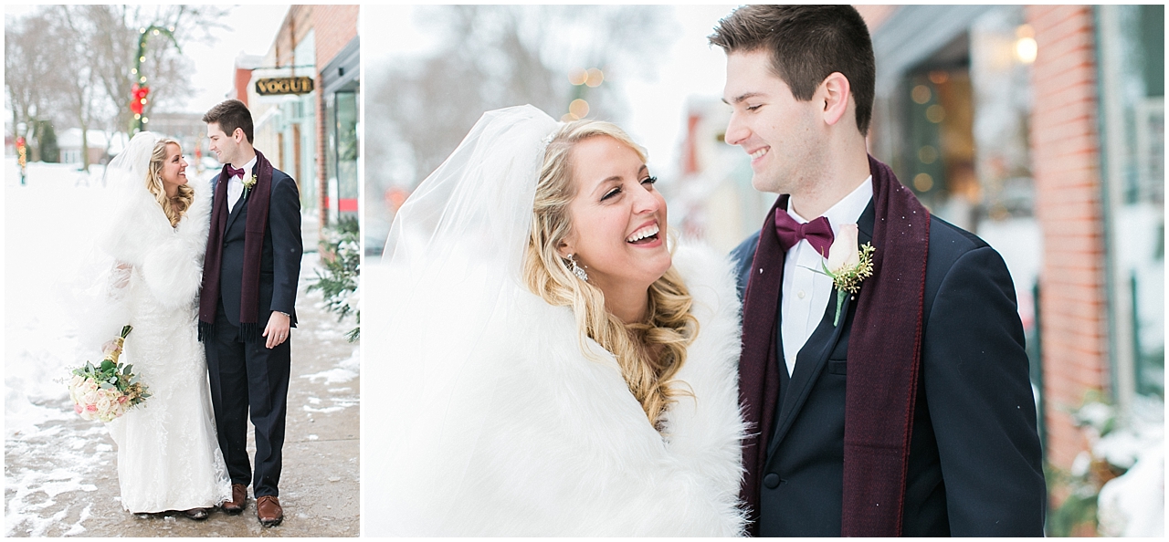 A bride and groom portraits in the winter in Downtown Petoskey