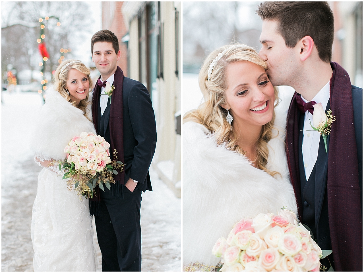 Bride and groom portraits in Downtown Petoskey in the winter