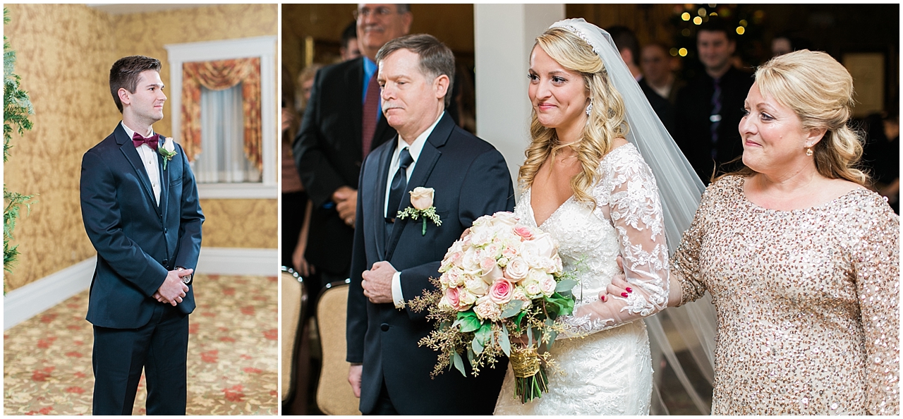 The bride walking down the aisle towards her groom at the Stafford's Perry Hotel
