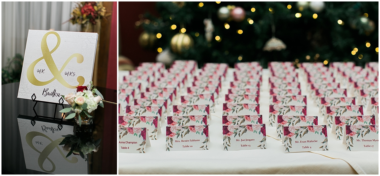 Wedding reception place cards at the Stafford's Perry Hotel