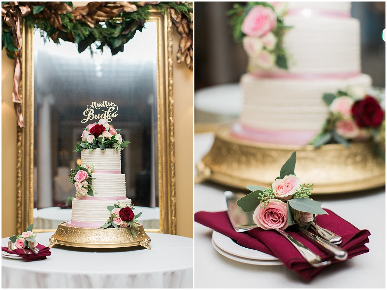 A 3 tier wedding cake at the Stafford's Perry Hotel