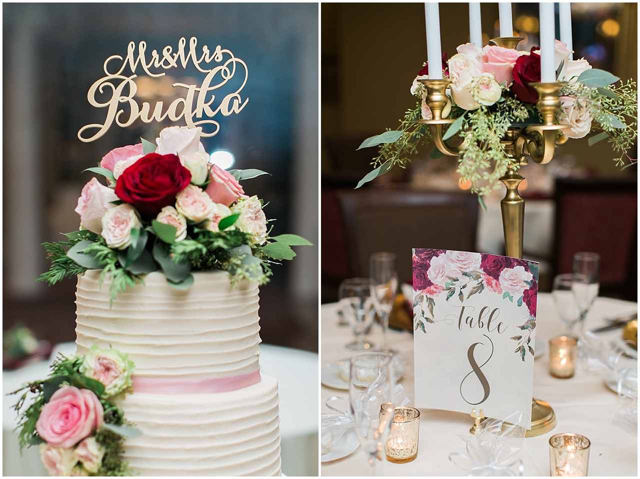 A wedding cake and table number at a wedding reception at the Stafford's Perry Hotel