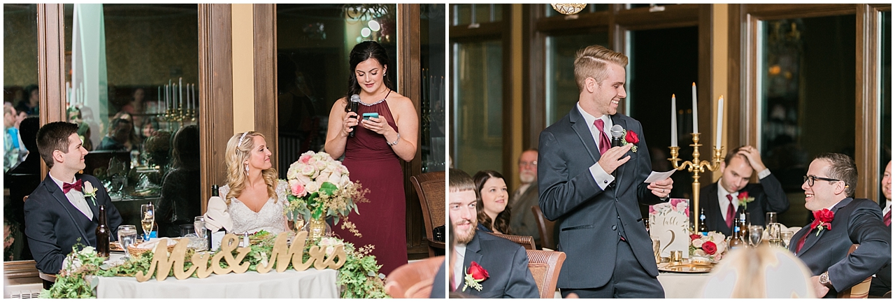Best man and maid of honor speeches at a wedding reception at the Perry Hotel