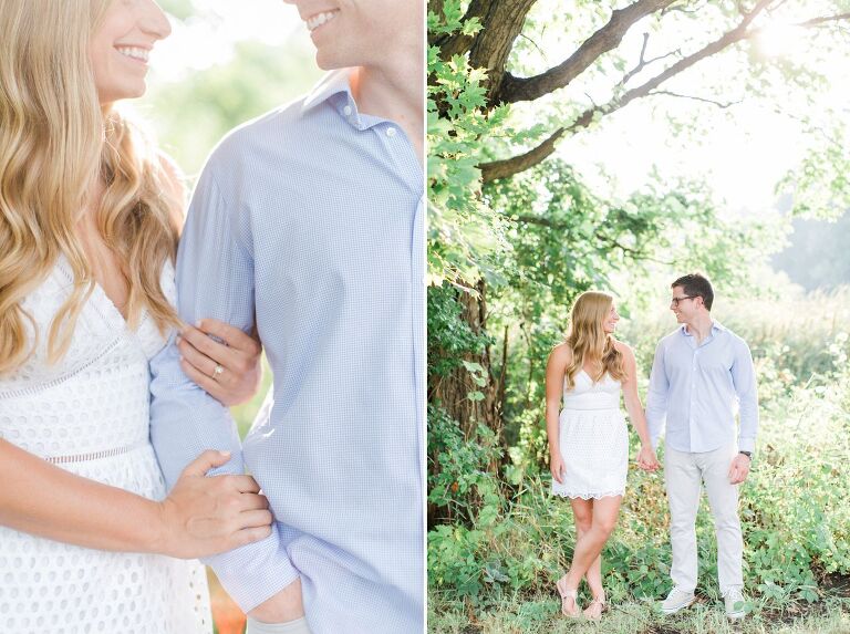 This is an engaged couple near a tree in Traverse City, Michigan