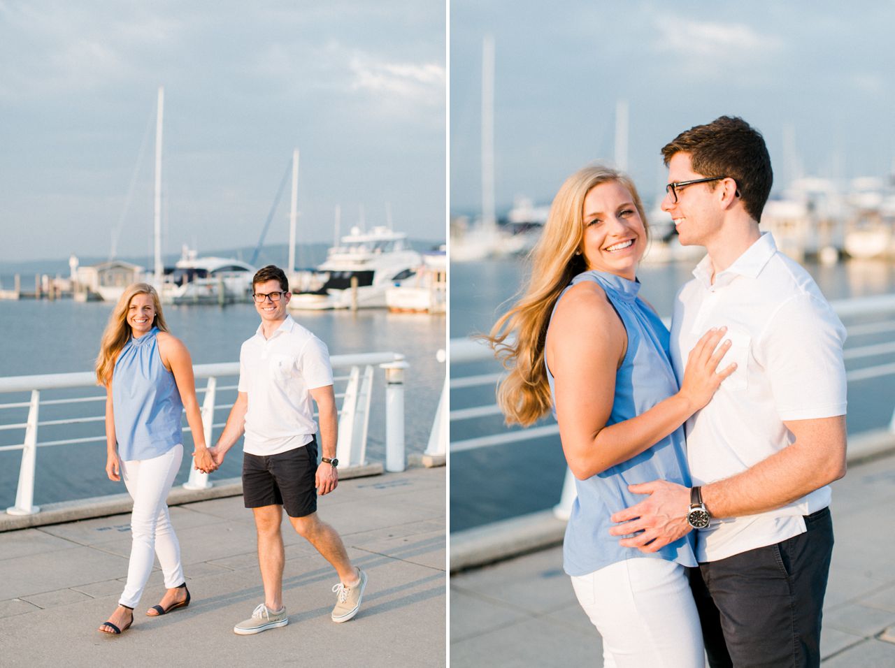 This is an engaged couple taking portraits by the water in Traverse City, Michigan