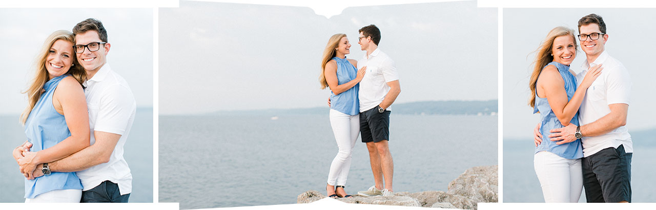 This is an engaged couple taking engagement photos on Grand Traverse Bay in Traverse City, Michigan