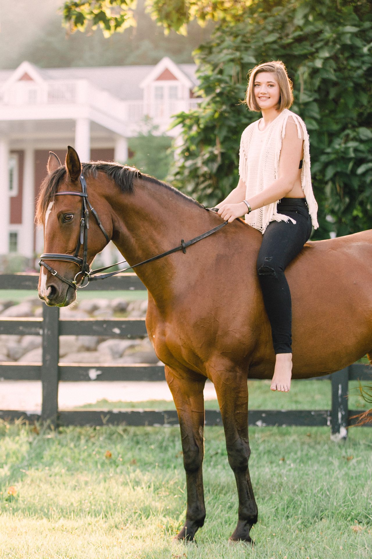 Girl riding bareback for her senior photos in Northern Michigan