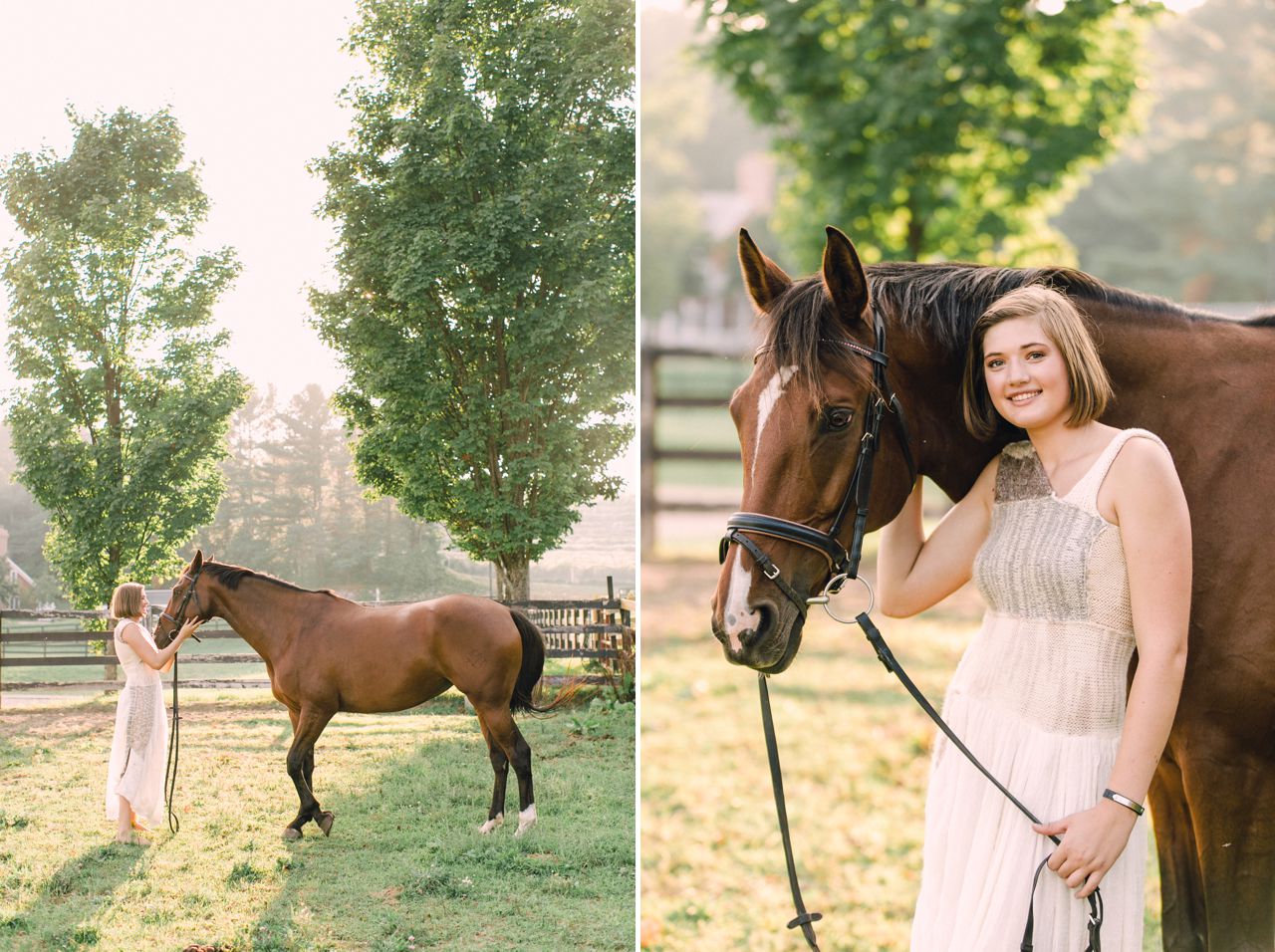 Young woman with her horse during sunset