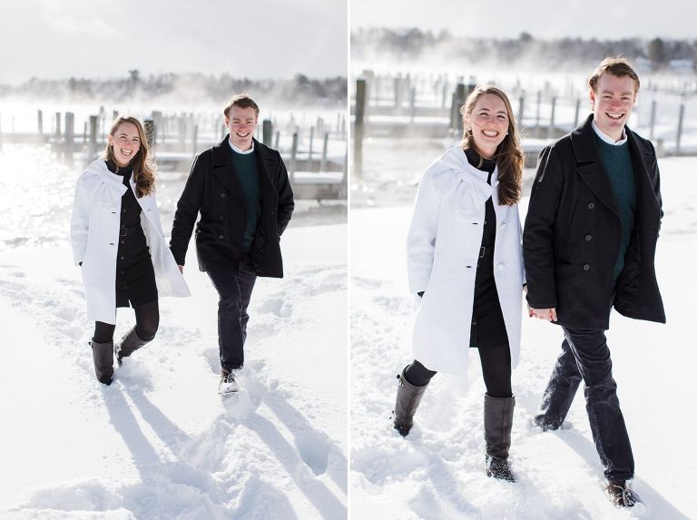 This is an engaged couple walking on frozen water in Harbor Springs, Michigan