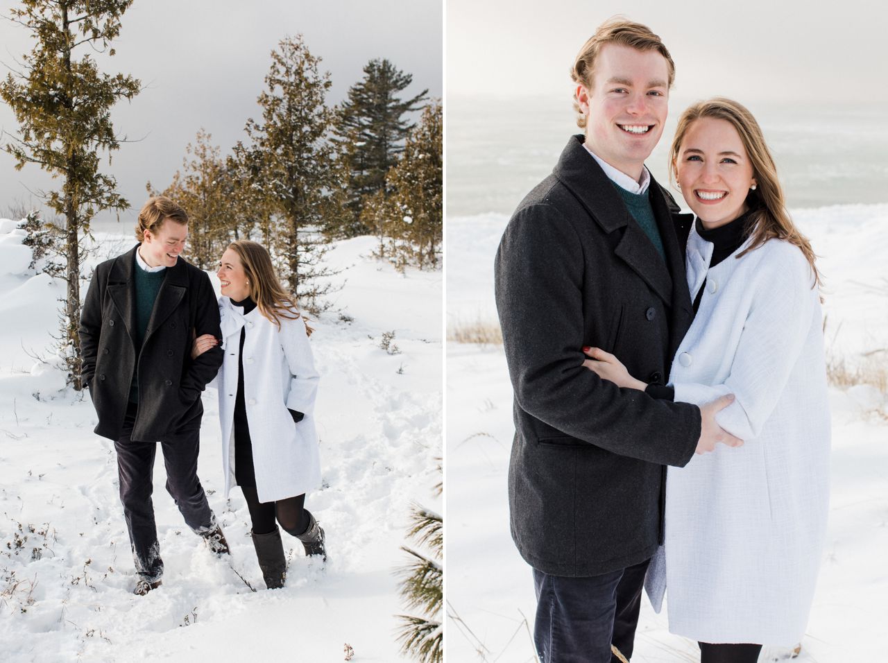 This is an engaged couple walking through snowy dunes in Michigan