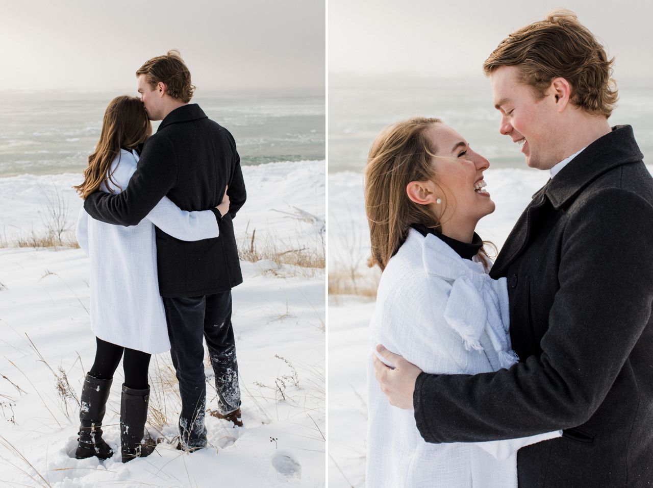 This is a couple taking engagement photos in snowy dunes in Northern Michigan