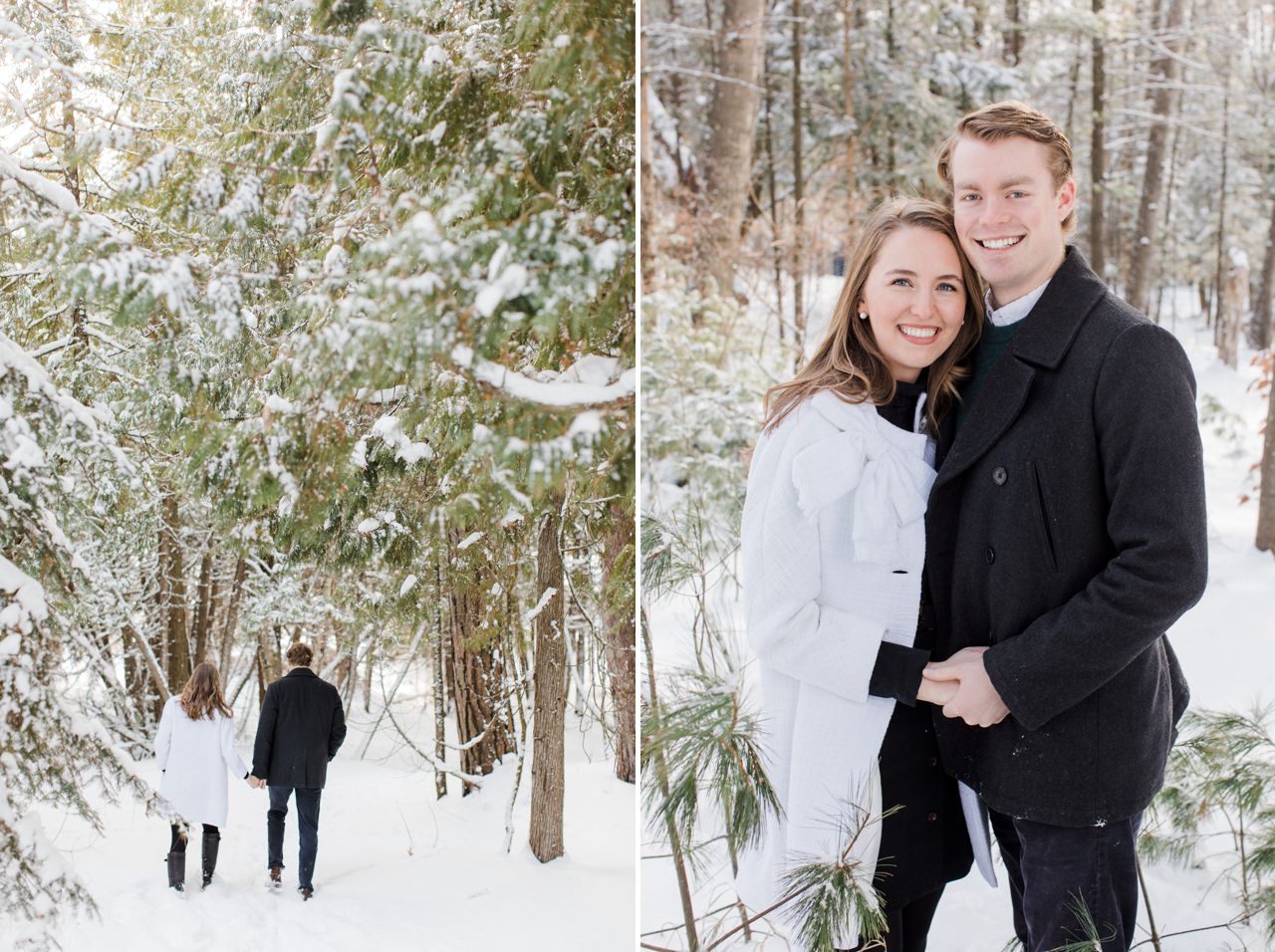 This is a couple taking engaged photos in snowy woods in Northern Michigan