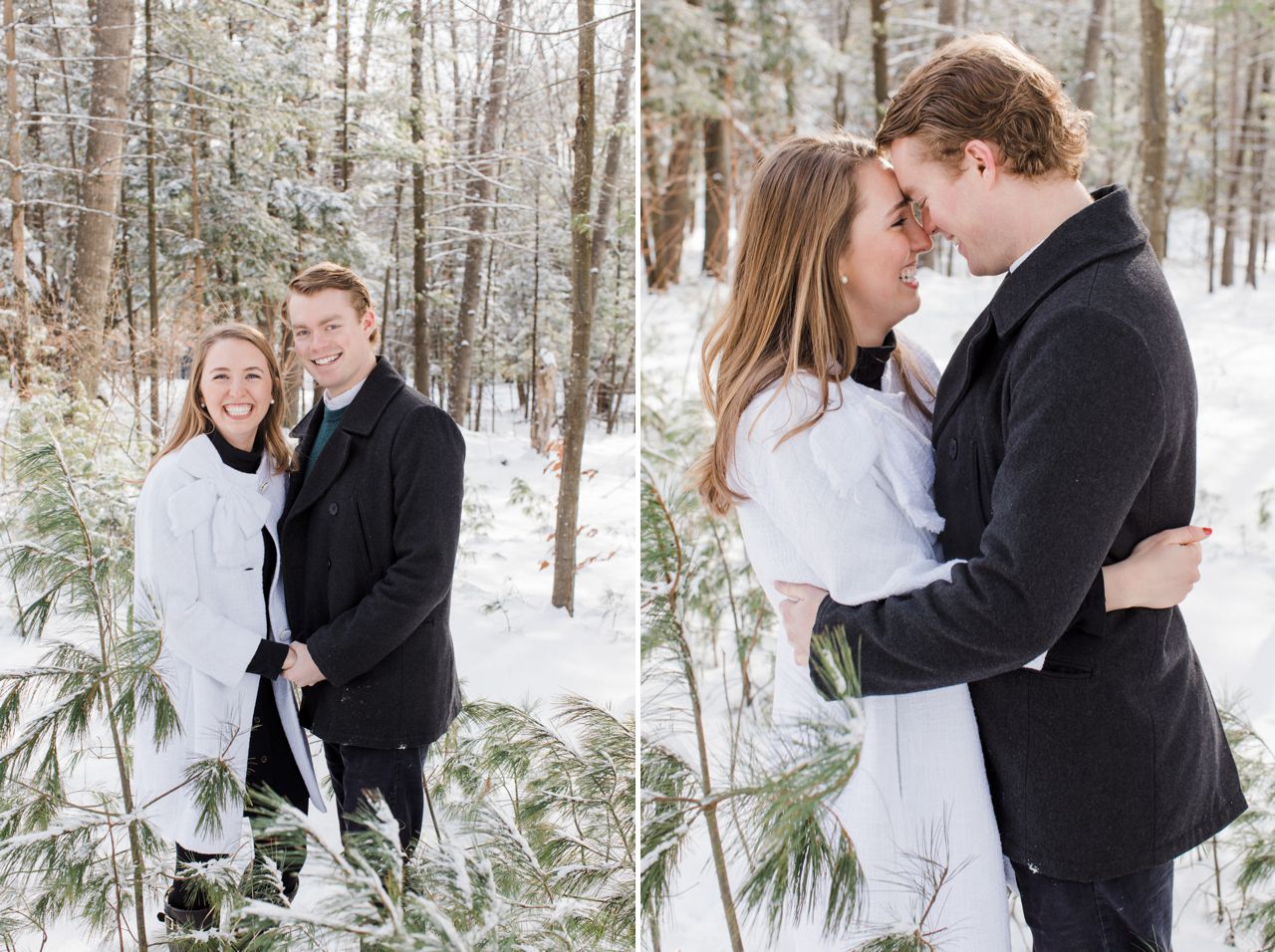 This is a couple smiling while taking engagement photos in the woods in Harbor Springs, Michigan