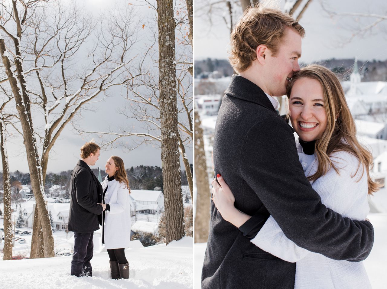This is an engaged couple taking photos with Downtown Harbor Springs, Michigan in the background