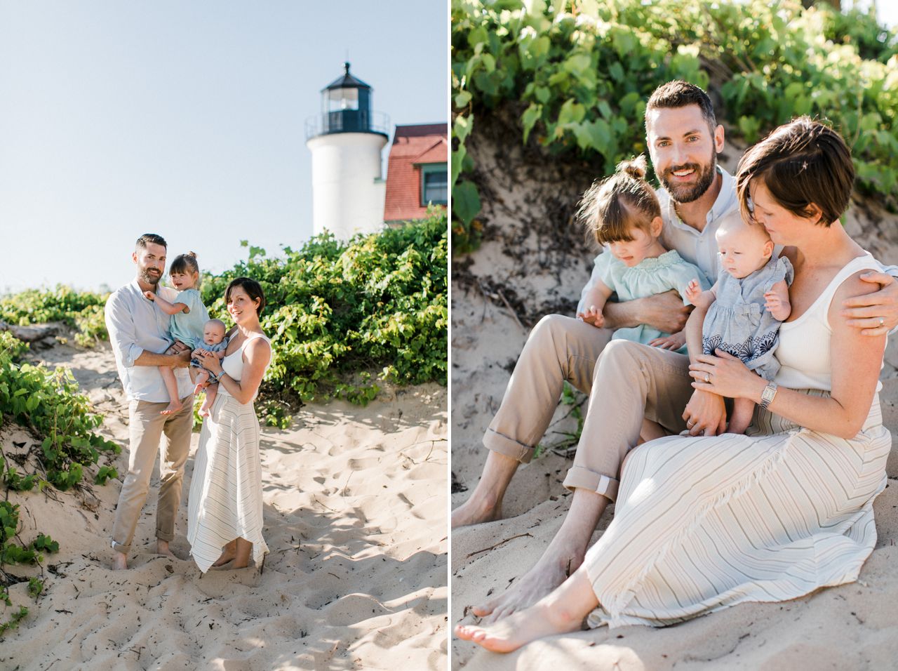 Family taking  photos at Pointe Betsie in Frankfort, Michigan