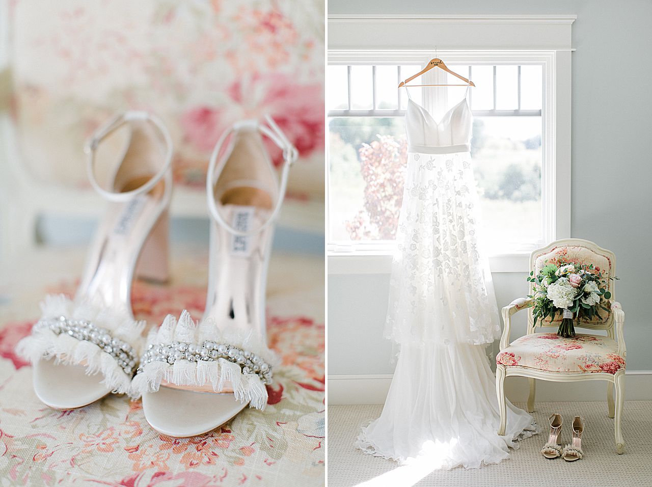 Bride's dress, shoes, and bouquet in Northern Michigan