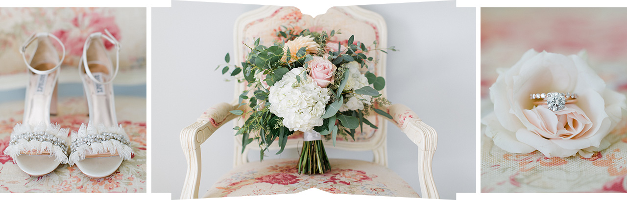 Bride's high heels, wedding ring and flowers in Bay Harbor, Michigan