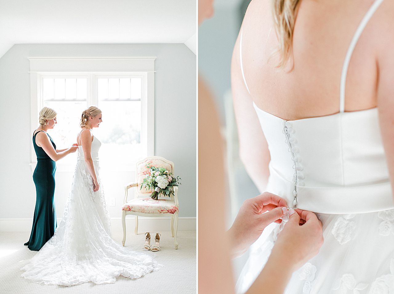Bride getting into her wedding dress in Bay Harbor