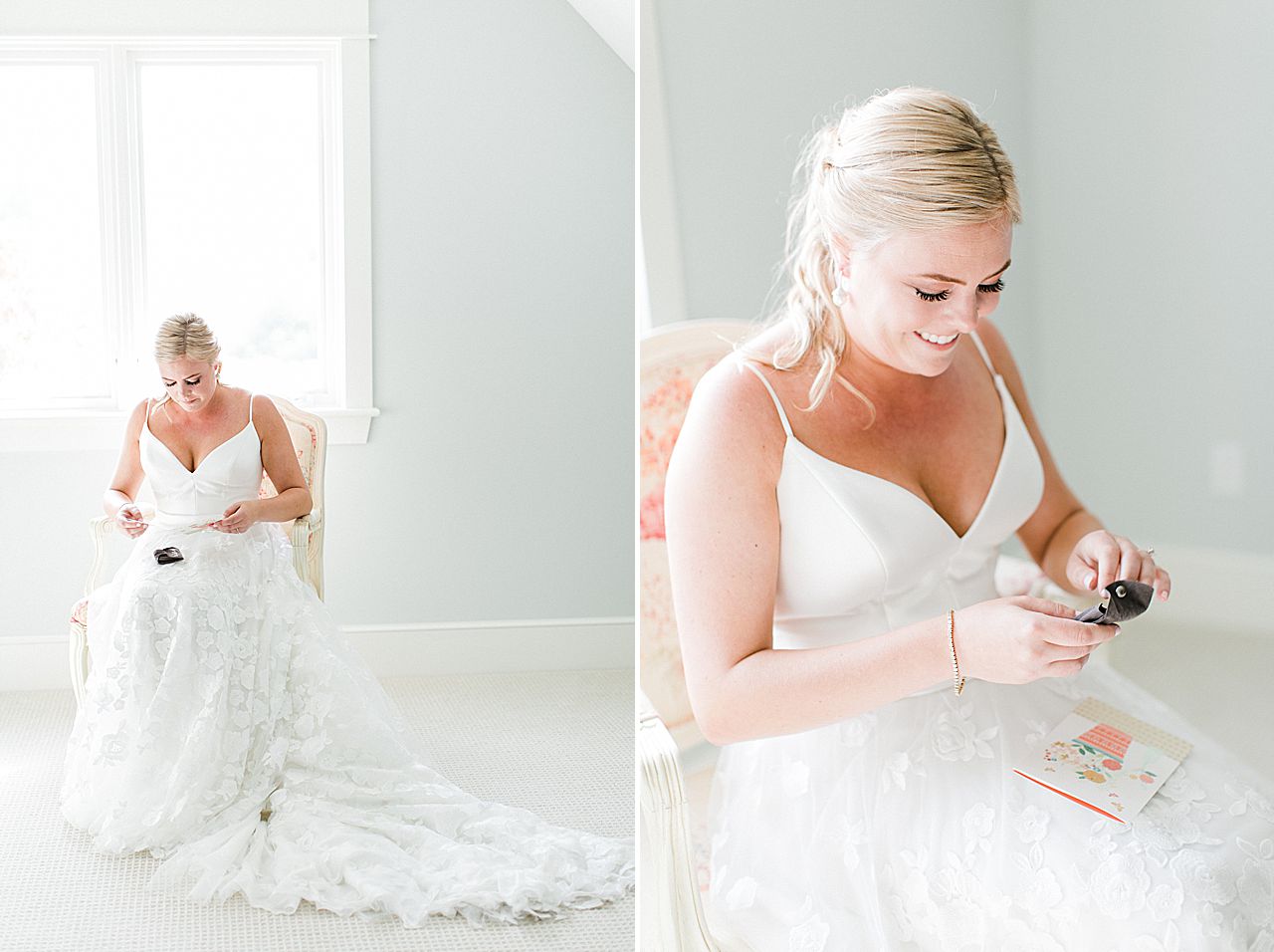 Bride opening a gift from her soon to be husband