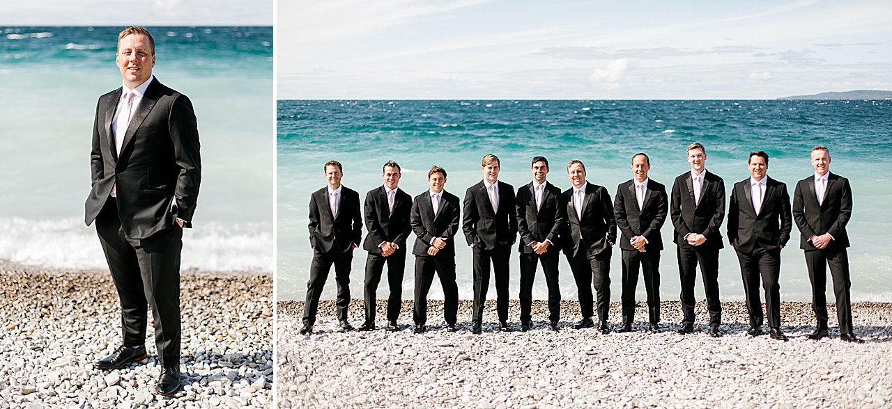 Groom and his groomsmen near Lake Michigan