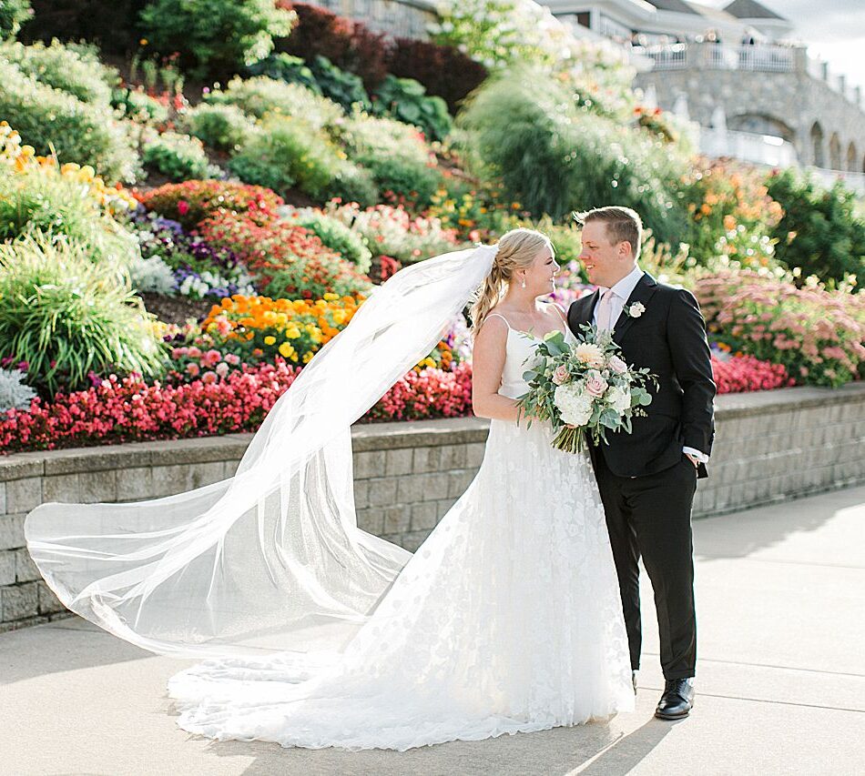 Wedding portrait with flowy veil in Northern Michigan