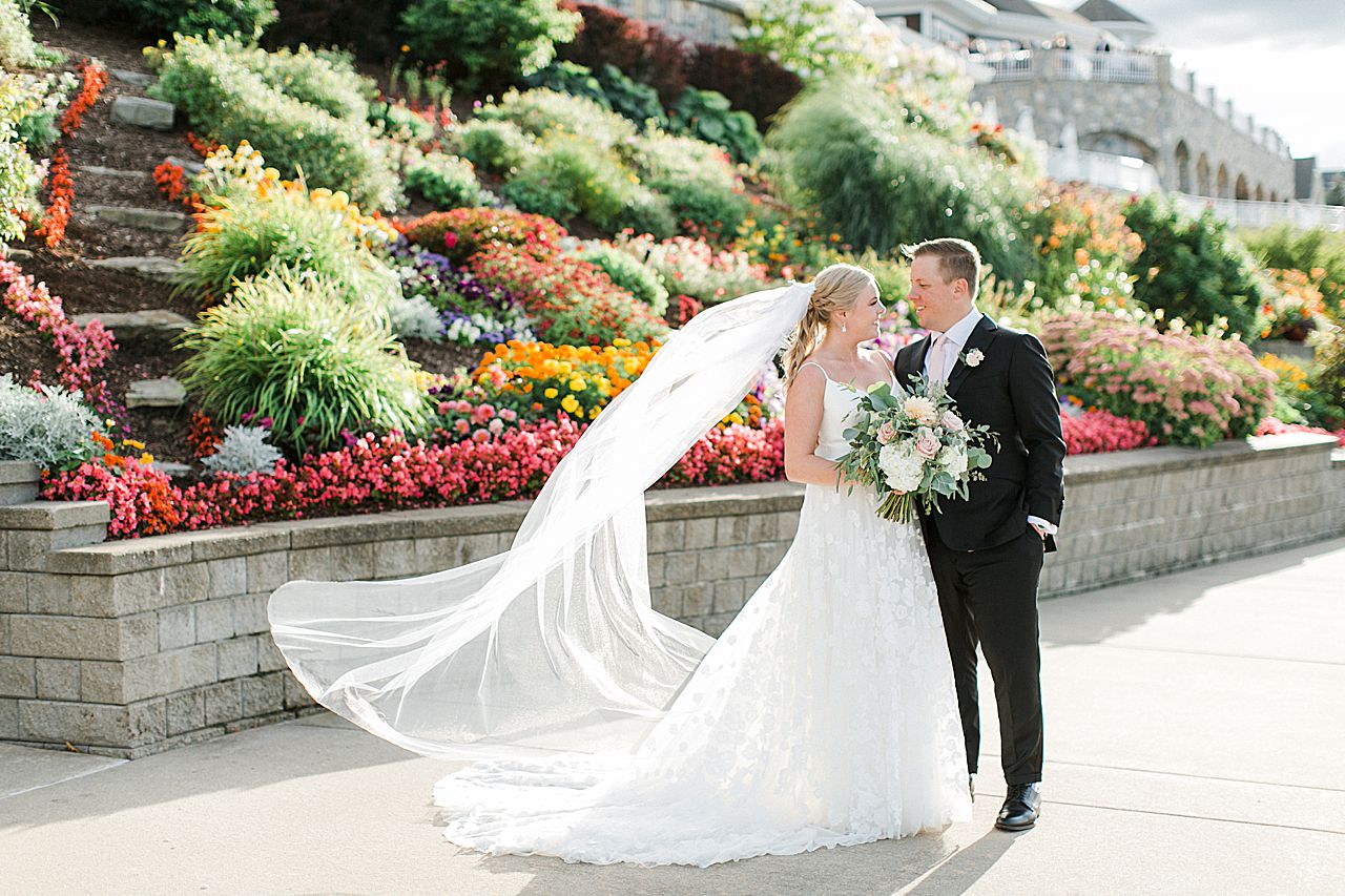 Wedding portrait with flowy veil in Northern Michigan